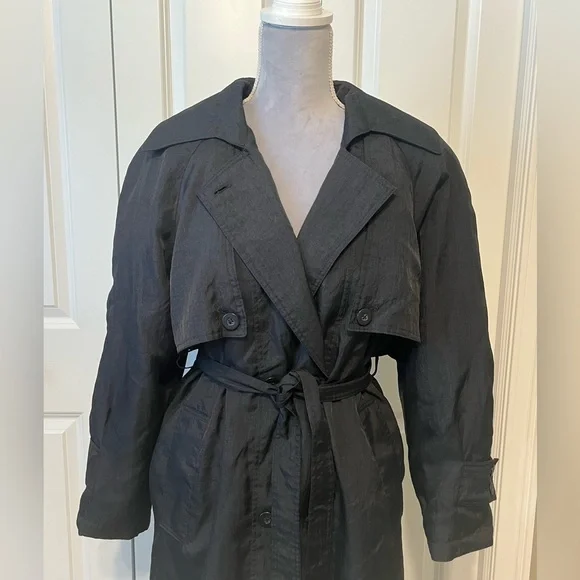 Vintage 70’s 80’s John Weitz Black Lined zip out Rain Trench Coat Sz 8 - Picture 2 of 10